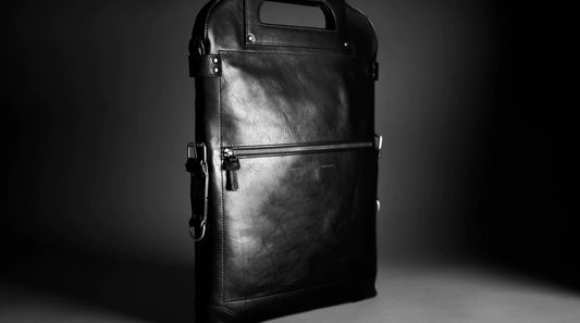 A black and white photo of a 2Unfold leather bag